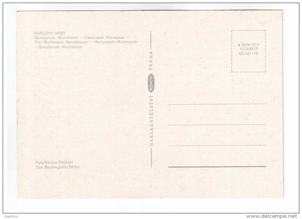 The Richmond Sanatorium - Karlovy Vary - Czech Republic - unused - JH Postcards