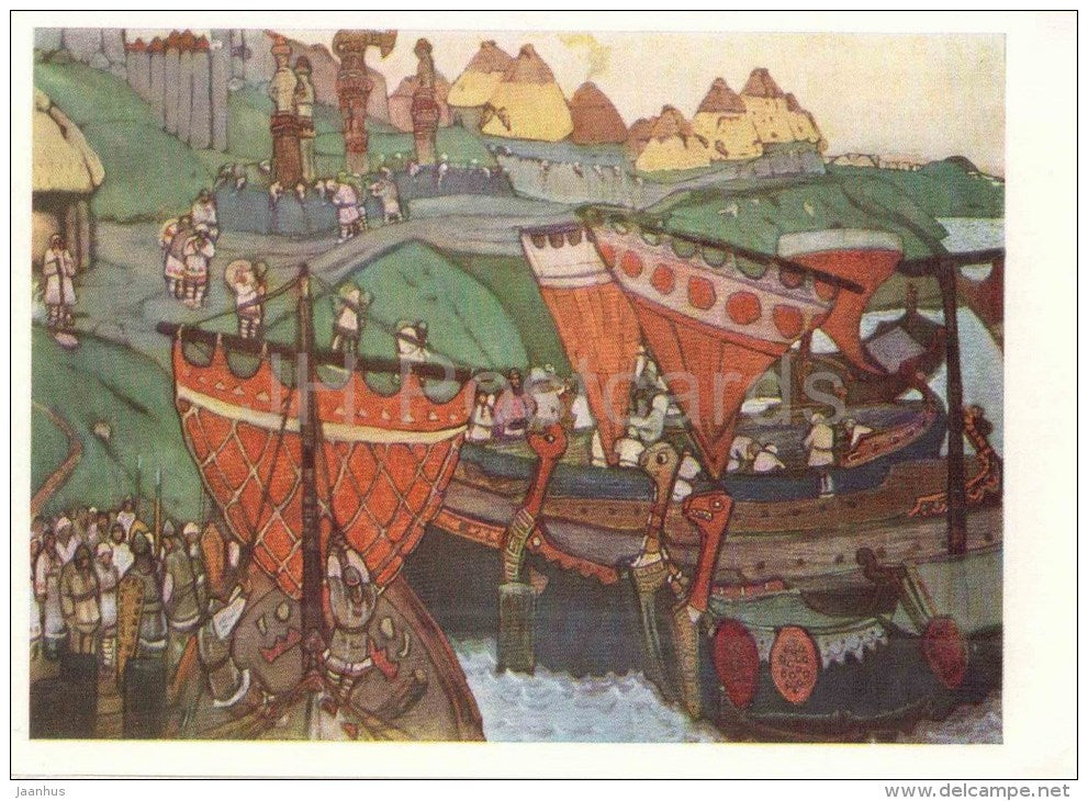 painting by N. Roerich - Slavs in the Dnieper , 1905 - sailing boats - russian art - unused - JH Postcards