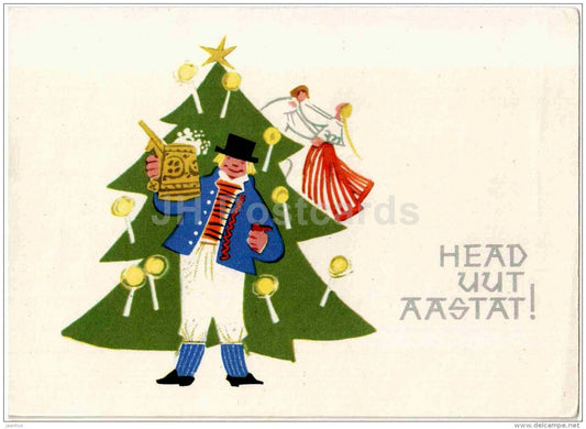 New Year greeting Card by A. Vender - Beer Mug - man in Estonian folk costumes - 1964 - Estonia USSR - used - JH Postcards