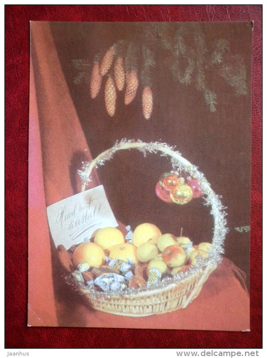New Year Greeting card - apples - cones - candies - 1971 - Estonia USSR - used - JH Postcards