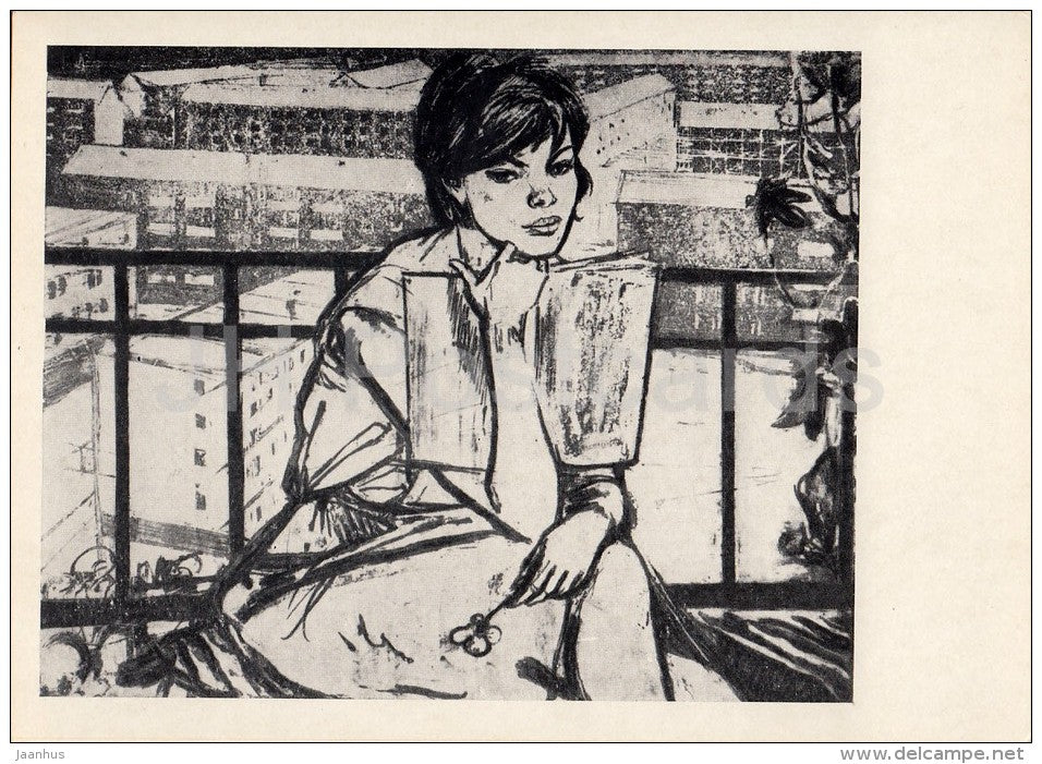 engraving by V. Petrova - Student-woman - Soviet engraving - Russian art - 1968 - Russia USSR - unused - JH Postcards