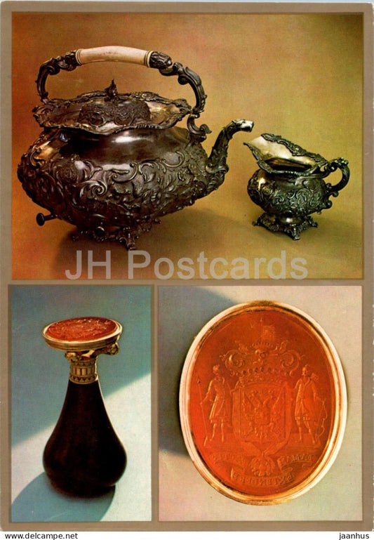 silver gilt teapot - milk jug - cornelian stamp - Museum of Historic Treasures of Ukraine - 1979 - Ukraine USSR - unused