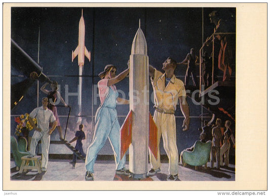 painting by a. Deyneka - Conquerors of the Outer Space , 1961 - rocket - Russian art - 1977 - Russia USSR - unused - JH Postcards