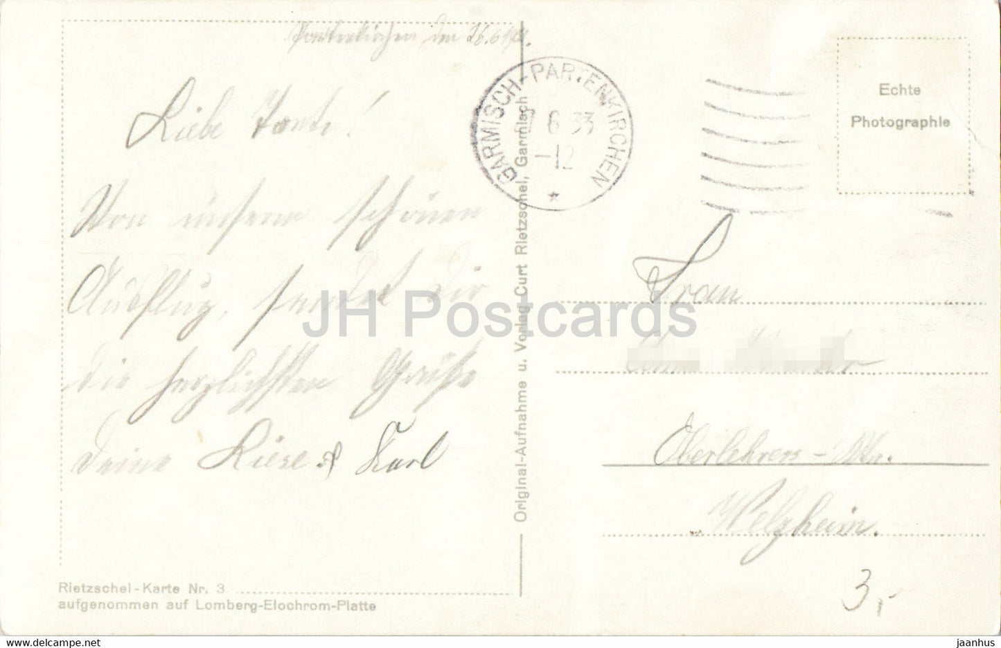 Partenkirchen - Floriansplatz m Zugspitzgruppe - carte postale ancienne - 1933 - Allemagne - utilisé