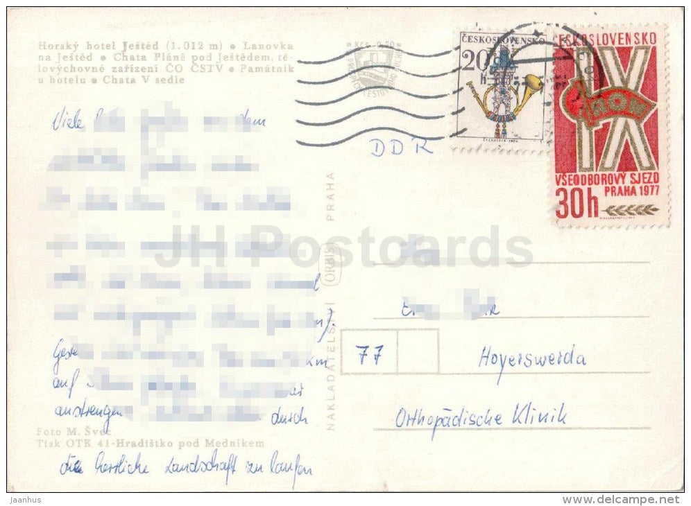 Ješted 1012 m - cable car - cottage Plane - monument - Czechoslovakia - Czech - used 1977 - JH Postcards