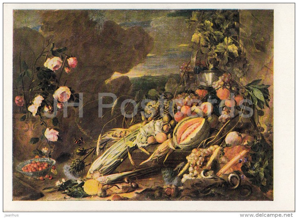 painting by Jan Davidsz de Heem - Fruits and Vase with Flowers , 1655 - Dutch art - Russia USSR - unused - JH Postcards