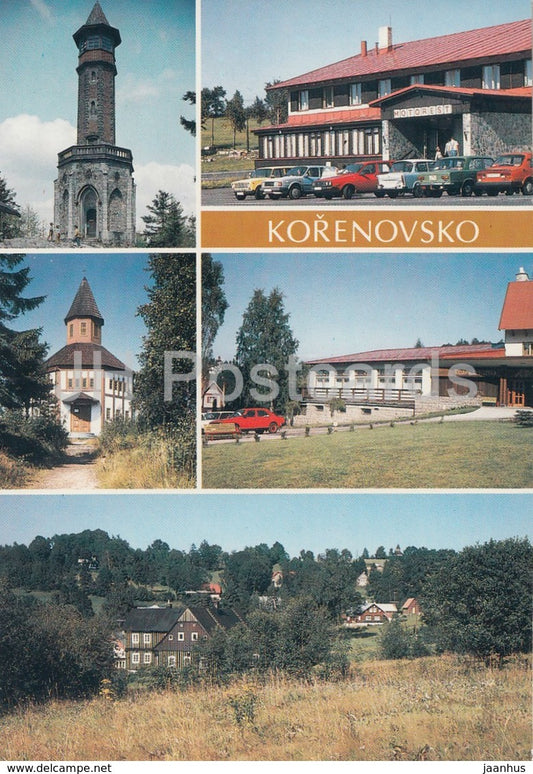 Korenovsko - Korenov - Prichovice - tower - Korenov - cars - multiview - Czechoslovakia - Czech Republic - unused - JH Postcards