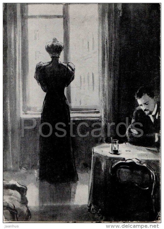 illustration by Kukryniksy - 1 - The Lady with the Dog by Anton Chekhov - lady and a man - 1961 - Russia USSR - unused - JH Postcards