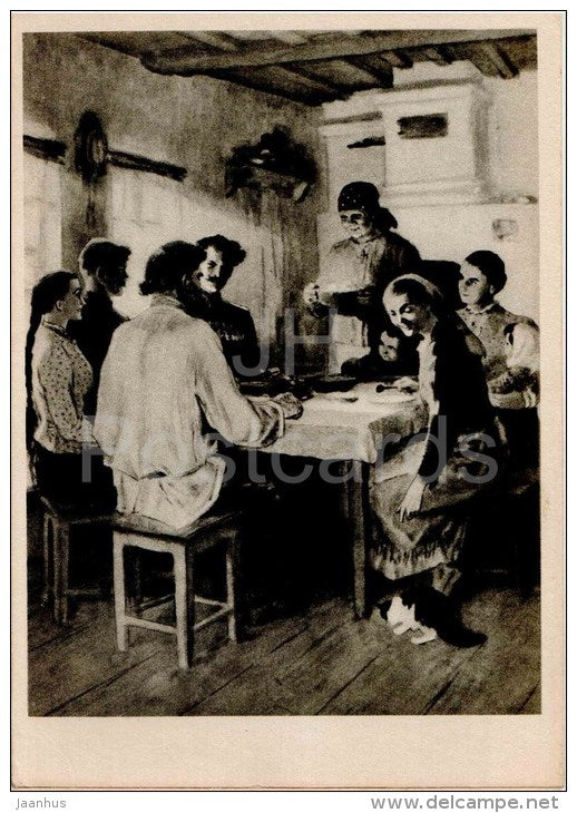 illustration by O. Vereysky - family Melekhovo - cat - dinner - And Quiet Flows the Don - 1959 - Russia USSR - unused - JH Postcards