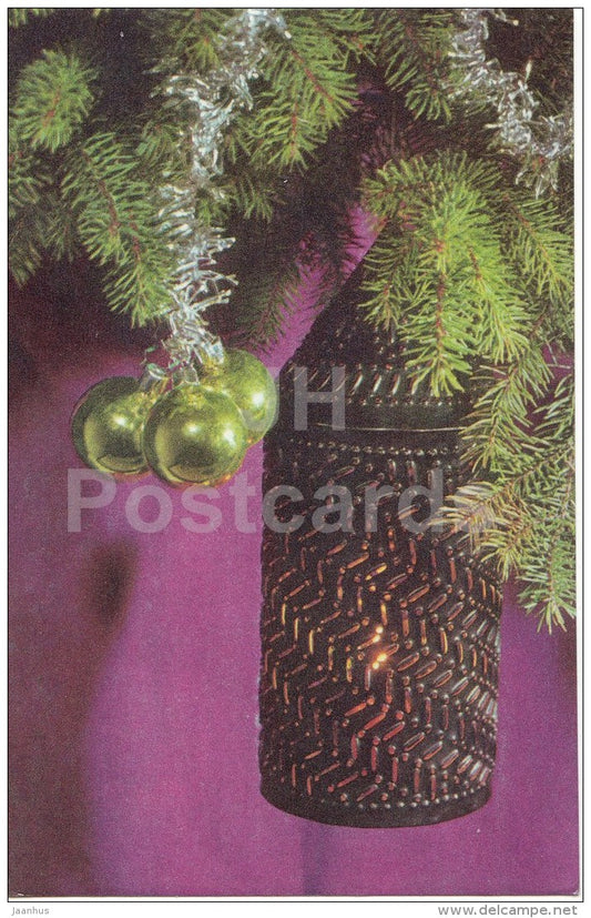 New Year Greeting card - fir tree - decorations - lantern - 1972 - Estonia USSR - unused - JH Postcards