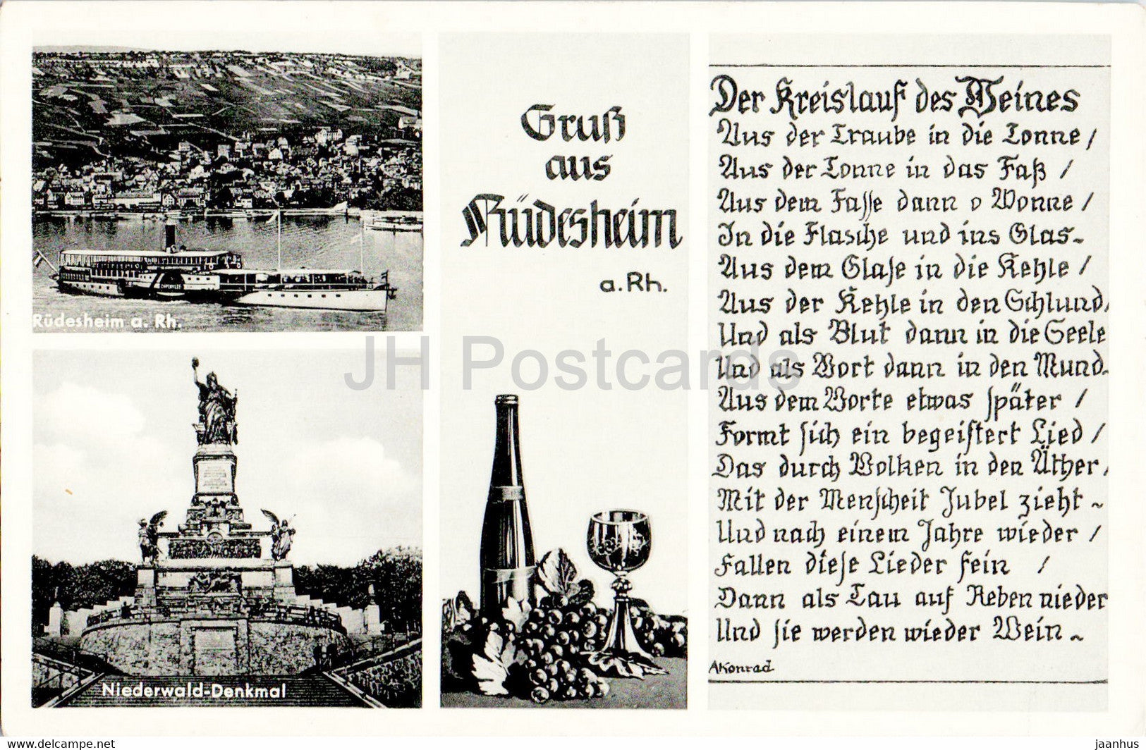 Gruss aus Rudesheim - Niederwald Denkmal - ship - steamer - old postcard - Germany - unused - JH Postcards
