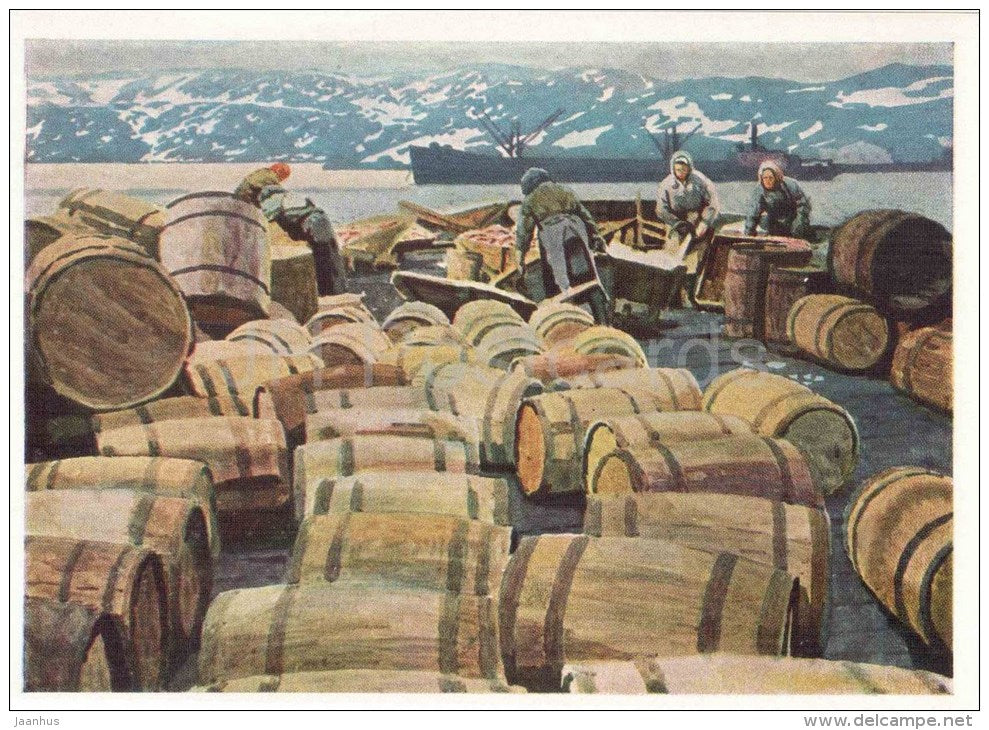 painting by M. Mechev - Fishing harbor on the island of Shalim , 1964 - barrels - russian art - unused - JH Postcards