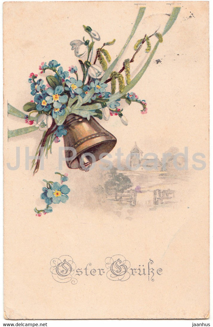 Easter Greeting Card - Oster Grusse - bell - flowers - MBM - old postcard - 1922 - Germany - unused - JH Postcards