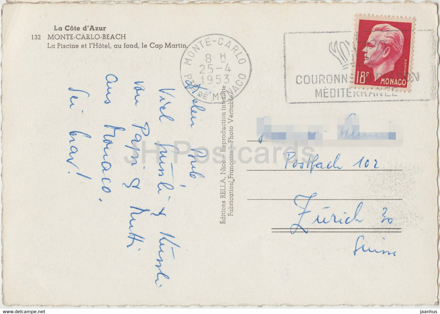 Monte Carlo Beach - La Piscine et l'Hotel au fond . Le Cap Martin - old postcard - 1953 - Monaco - used