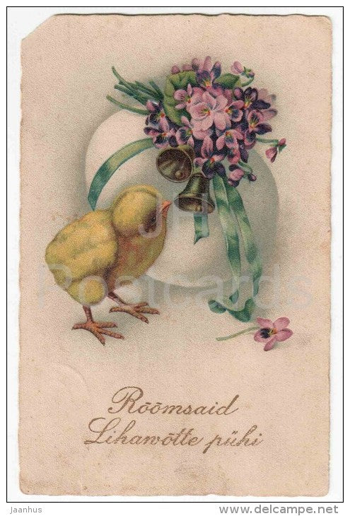 Easter Greeting Card - egg - chicken - bell - flowers - HWB SER 2157 - circulated in Estonia 1924 - JH Postcards