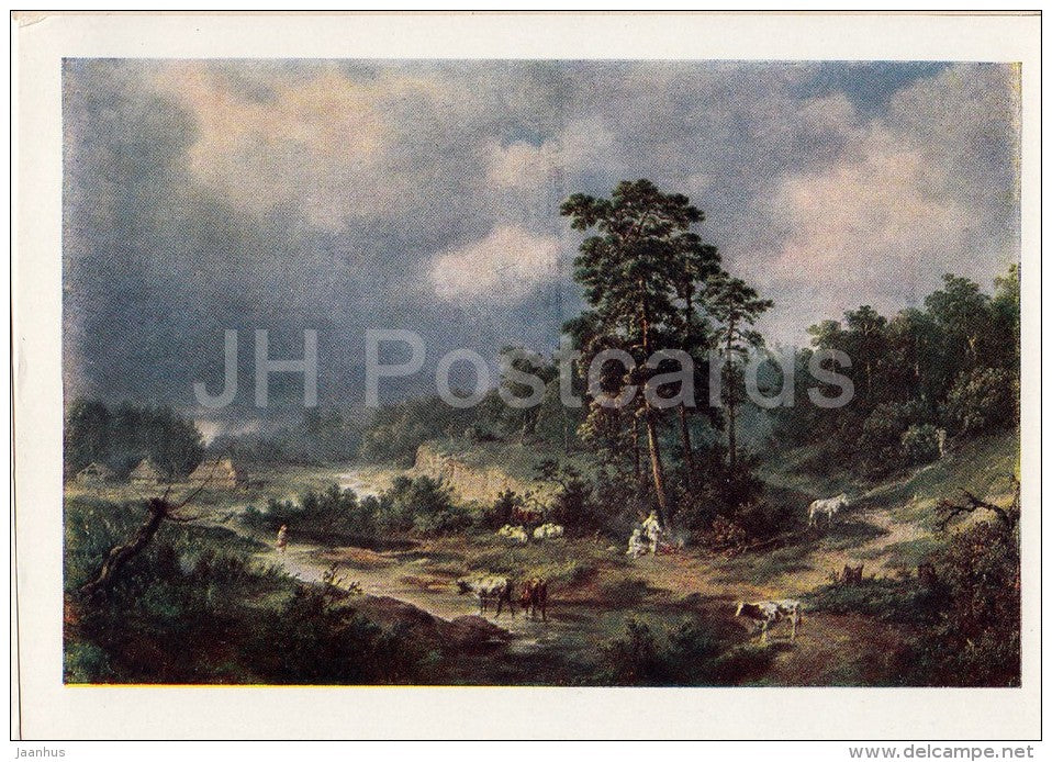 painting by A. Malinovsky - Landscape , 1861 - cows - Russian art - 1963 - Russia USSR - unused - JH Postcards