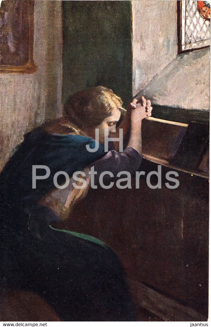 painting by E Schneider - Preghiera - prayer - art - old postcard - Italy - unused - JH Postcards