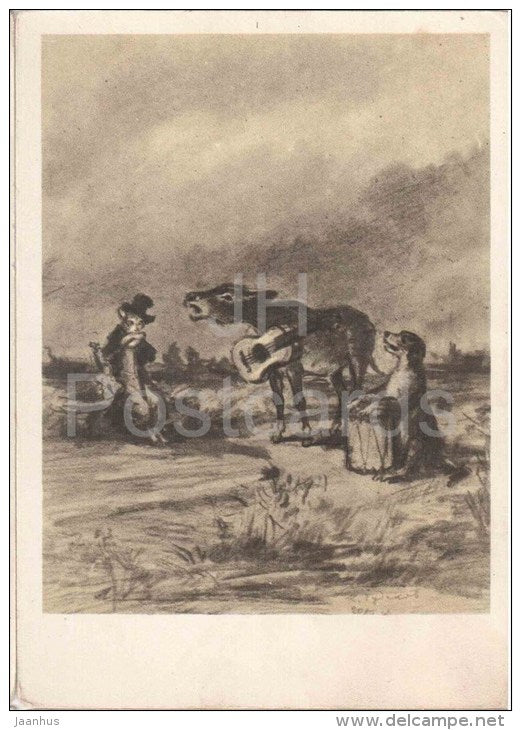 Town Musicians of Bremen - donkey - cat - dog - guitar - Fairy Tale by Brothers Grimm - 1956 - Russia USSR - unused - JH Postcards