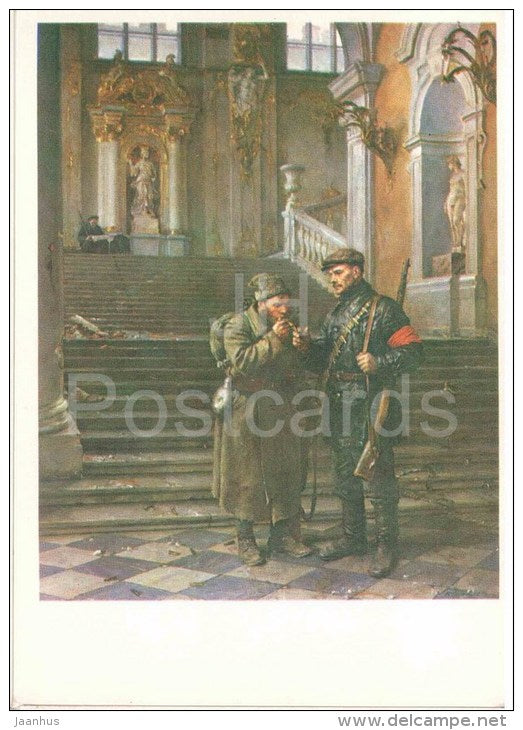 painting by V. Serov - The Winter Palace was taken , 1954 - revolution - rifle - russian art - unused - JH Postcards