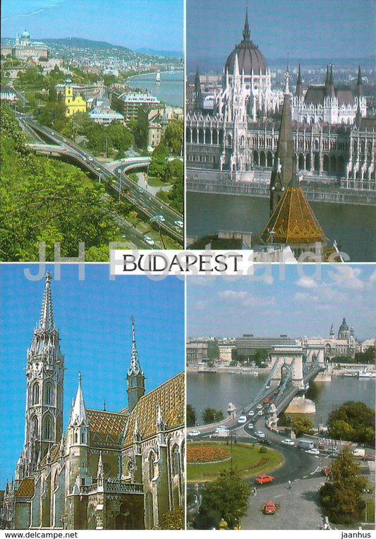 Greeting from Budapest - parliament - cathedral - bridge - architecture - 1990s - Hungary - used - JH Postcards