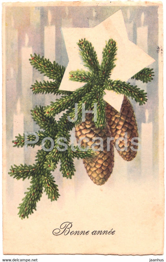 New Year Greeting Card - Bonne Annee - fir cones - ERIKA 5136 - old postcard - 1936 - France - used - JH Postcards