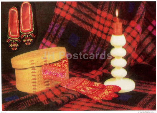 New Year greeting card - woven slippers - mittens - candle - national patterns - 1975 - Estonia USSR - used - JH Postcards