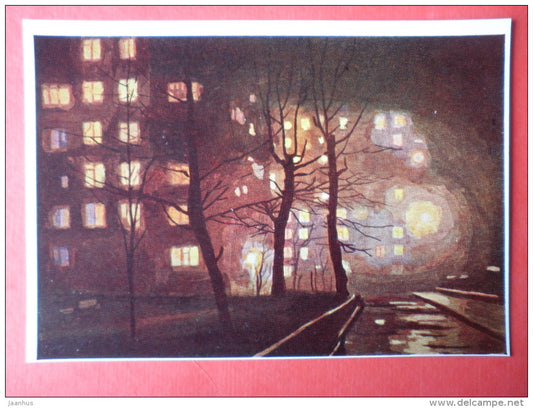 painting by Myud Mechev - City Lights at Night , 1964 - russian art - unused - JH Postcards