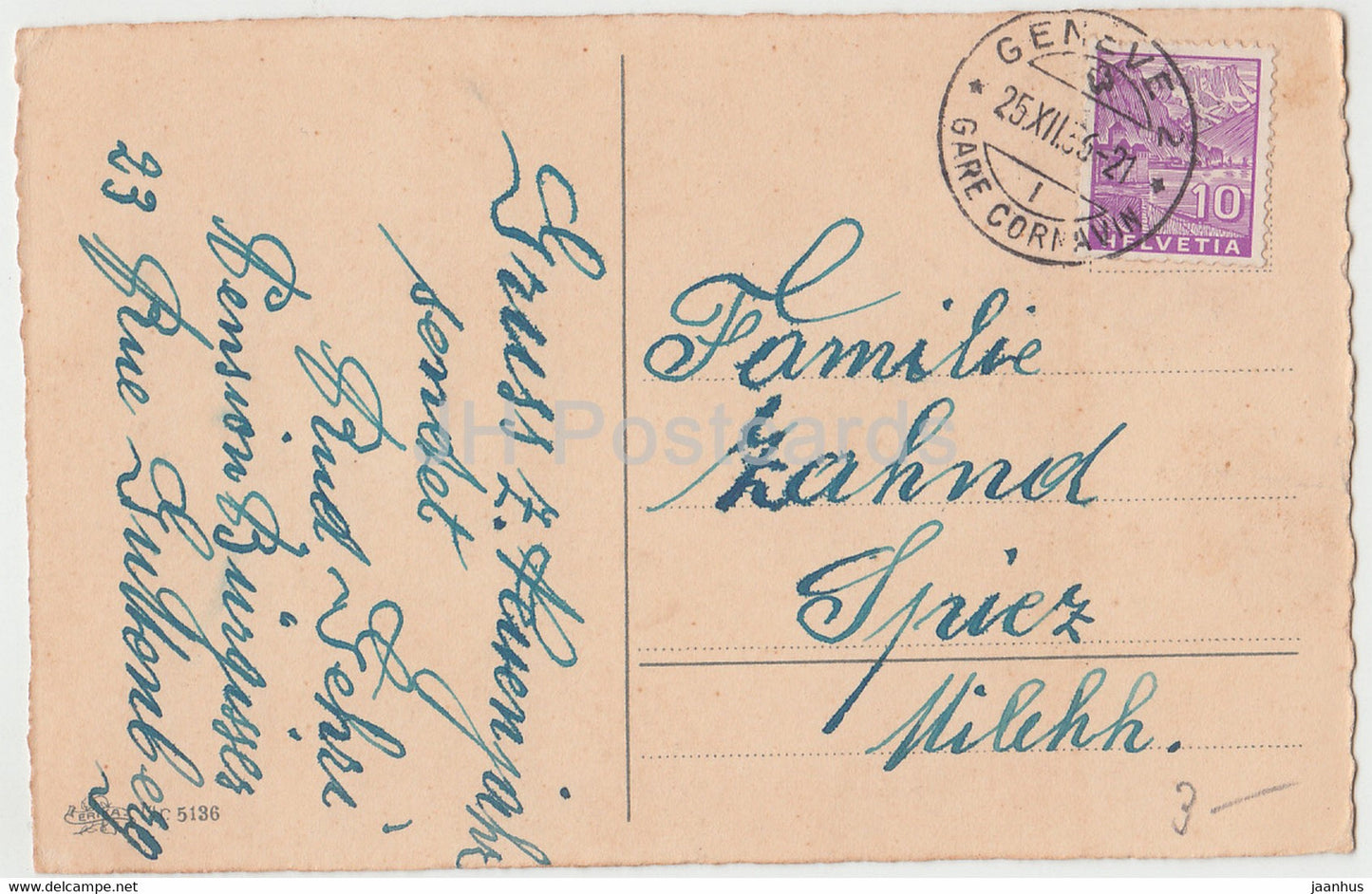 New Year Greeting Card - Bonne Annee - fir cones - ERIKA 5136 - old postcard - 1936 - France - used