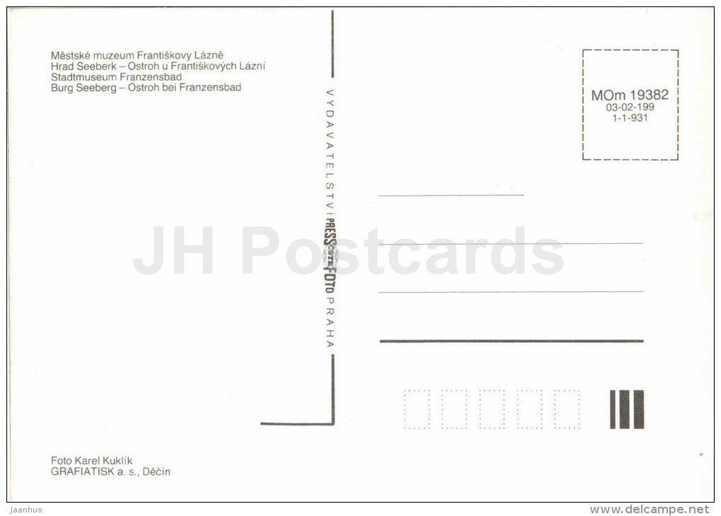 Hrad Seeberg - castle Seeberk - Ostroh near Franzensbad - museum - Czechoslovakia - Czech - unused - JH Postcards