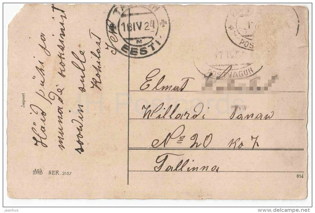 Easter Greeting Card - egg - chicken - bell - flowers - HWB SER 2157 - circulated in Estonia 1924 - JH Postcards