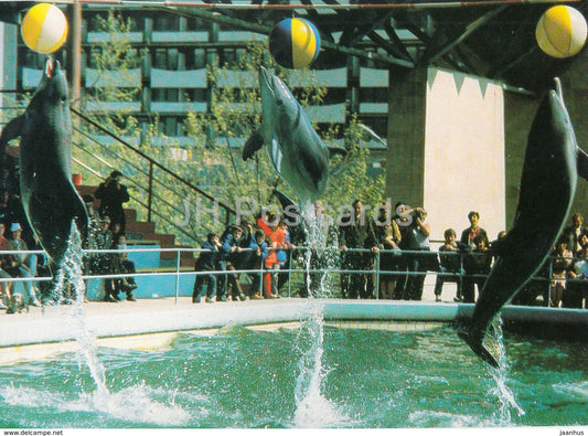 jumping in synchronism to touch suspenfed balls - dolphins - Oceanarium in Batumi - 1989 - Georgia USSR - unused - JH Postcards