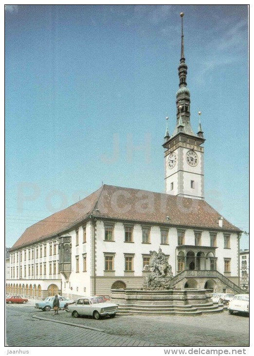 Olomouc - town hall - Caesar Fountain - car Moskvich - Czechoslovakia - Czech - unused - JH Postcards