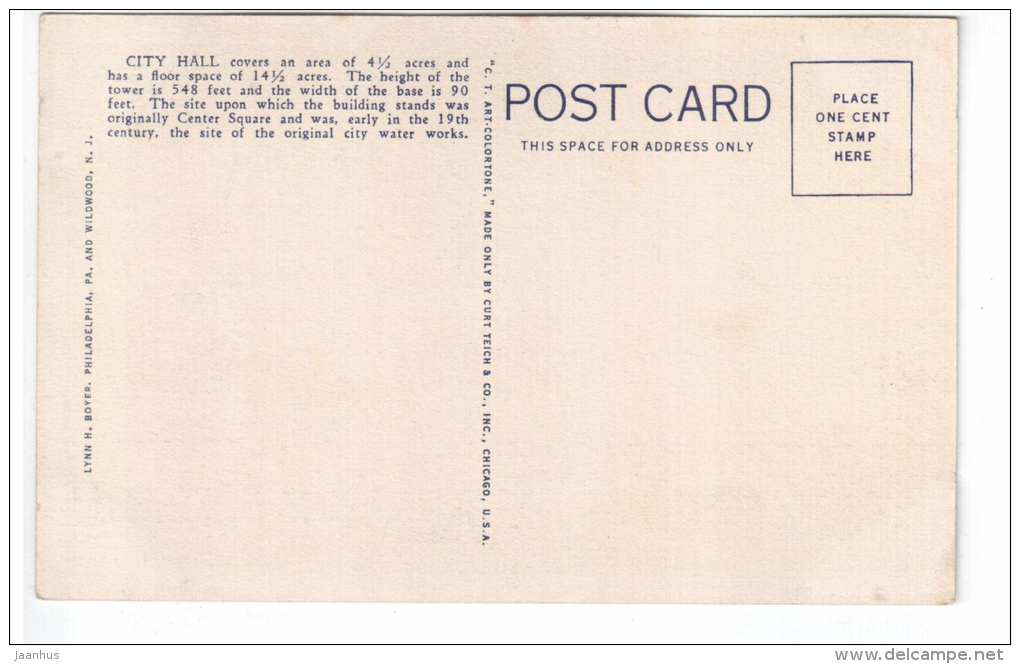 City Hall , Philadelphia PA - USA - P 130 - old postcard - unused - JH Postcards