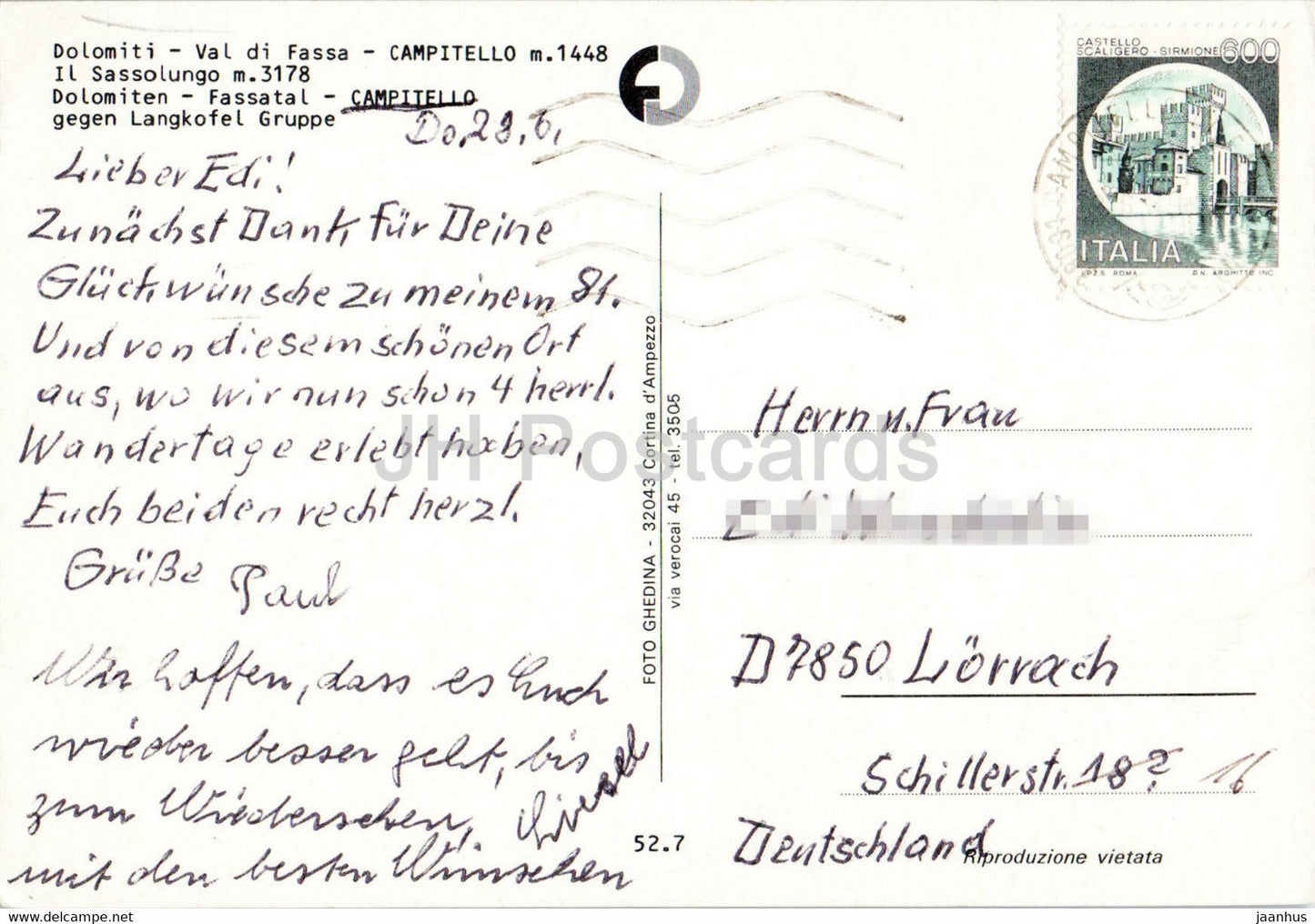 Campitello - Val di Fassa - Dolomiti - Il Sassolungo - 52.7 - Italy - used