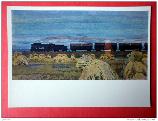 painting by Myud Mechev - Evening . Autumn Fields , 1964 - train - russian art - unused - JH Postcards