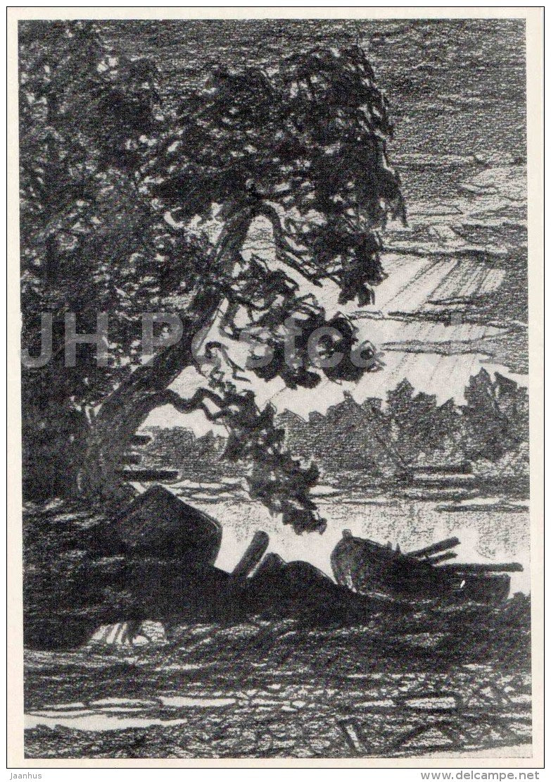 drawing by Paul Kamm - In the Evening , 1962 - boat - 1964 - Estonia USSR - unused - JH Postcards