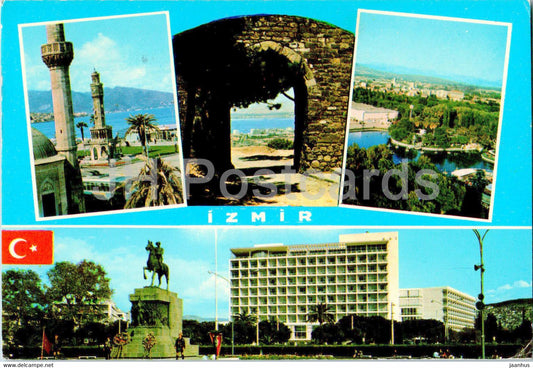Izmir - clock tower - general view - Kulturpark - Ataturk statue - Efes hotel - multiview - 35-44 - Turkey - used - JH Postcards