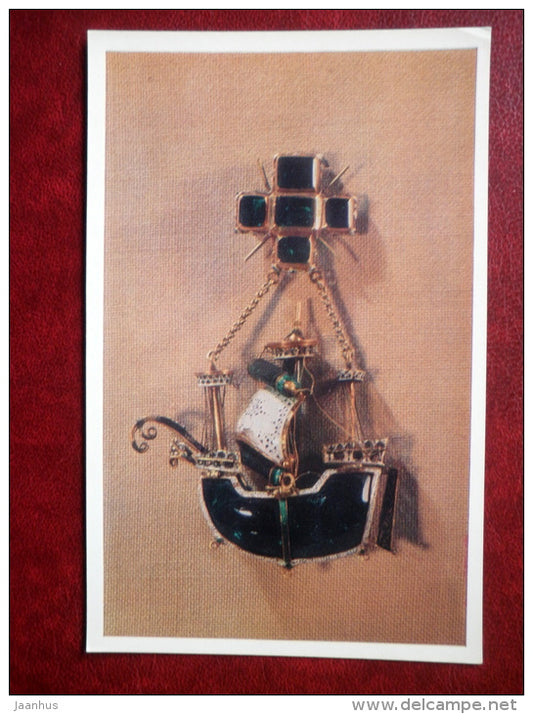 Pendant - Caravel , Spain , 16th century - sailing ship - Western European Jewelry - 1971 - Russia USSR - unused - JH Postcards