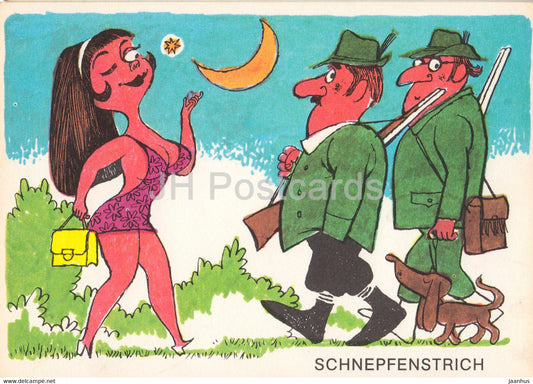 Schnepfenstrich - dog - woman - hunter - Horrido & Weidmannsheil - humour - DDR Germany - unused - JH Postcards