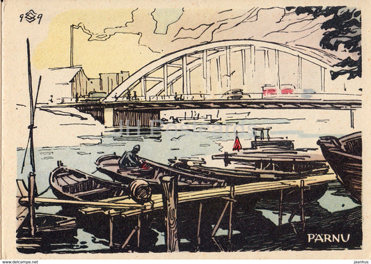 motig - bridge - boat - Parnu - Illustration by O. Soans - 1960 - Estonia USSR - unused - JH Postcards