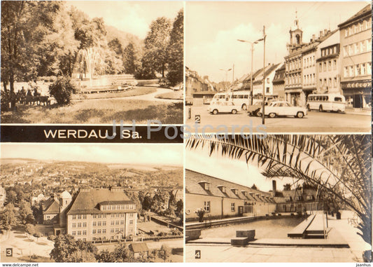 Werdau - Im Stadtpark - Marktplatz - Sportschule Kurt Schlosser - car - bus - Germany DDR - unused - JH Postcards
