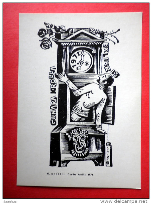 Ex Libris - Gunars Krollis - illustration by G. Krollis - man - clock - 1975 - Latvia USSR - unused - JH Postcards