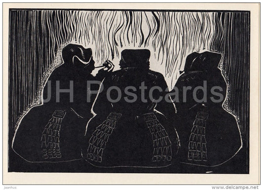 engraving by A. Munhalov - Quiet conversation - Soviet engraving - Russian art - 1968 - Russia USSR - unused - JH Postcards