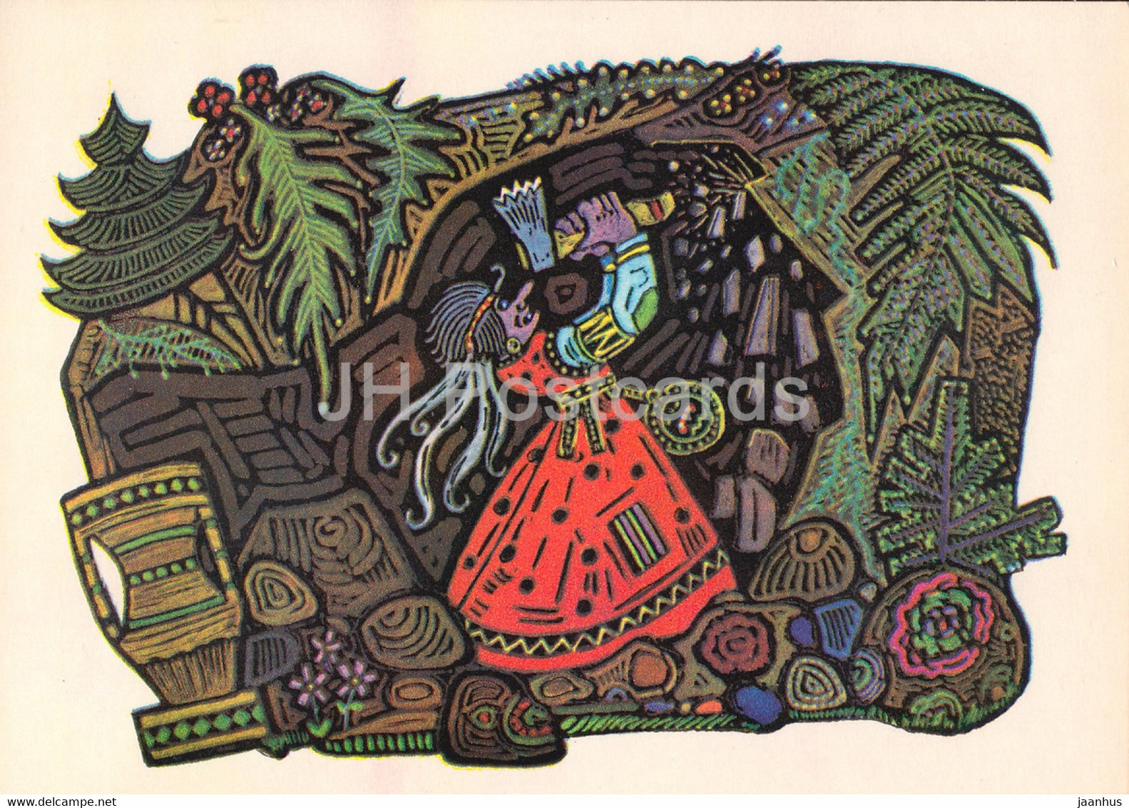 illustration by V. Ignatov - Girl with a spindle - witch - axe - Komi fairy tale - 1977 - Russia USSR - unused - JH Postcards