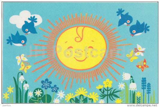 birthday greeting card by U. Sampu - sun - birds - 1977 - Estonia USSR - unused - JH Postcards