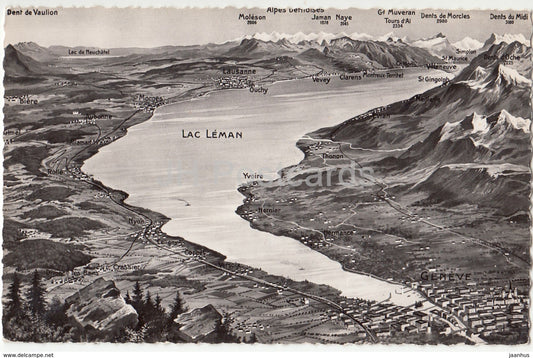 Lac Leman - Geneve - map - 4453 - Switzerland - old postcard - unused - JH Postcards