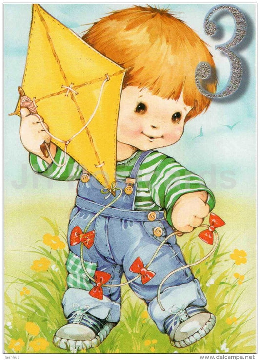 Birthday Greeting card - Boy with Kite - illustration - Estonia - unused - JH Postcards