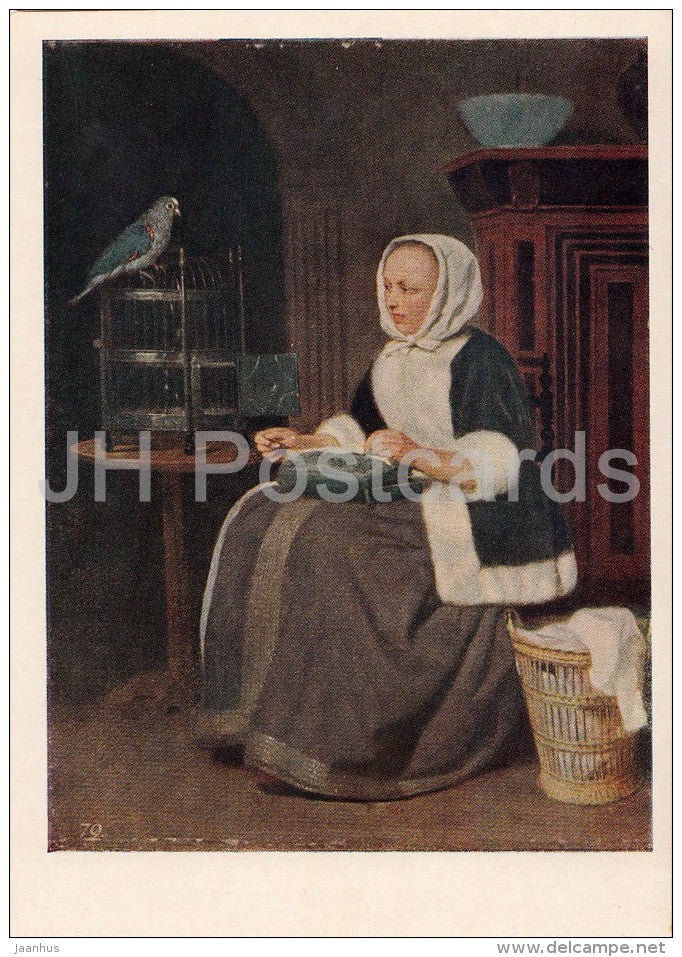 painting by Gabriel Metsu - Working Woman - bird - birdcage - French art - 1955 - Russia USSR - unused - JH Postcards