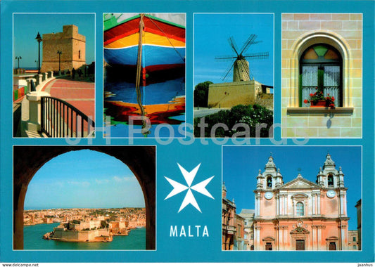 Malta - Sliema - Fishing Boat - Windmill - Grand Harbour - Madina Cathedral - multiview - 2005 - Malta - used - JH Postcards