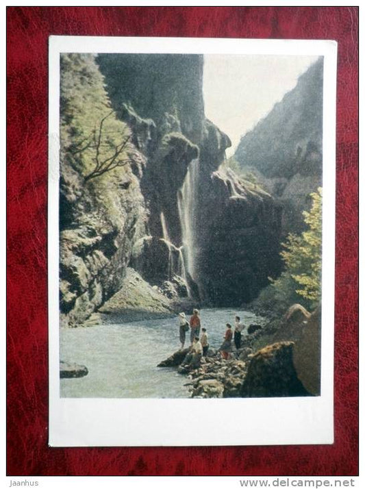 tourists at the waterfall - 1964 - Russia - USSR - unused - JH Postcards